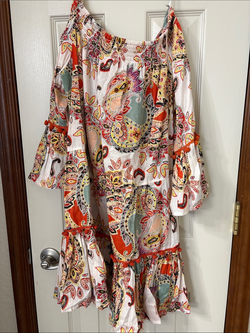 Boho Paisley Ruffle Tunic Dress in White, Orange & Green - Picture 3 of 3